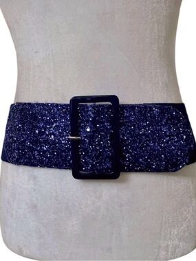 bebe Navy Blue Glitter 3" wide Luxury Stretch statement Belt M/L NWT